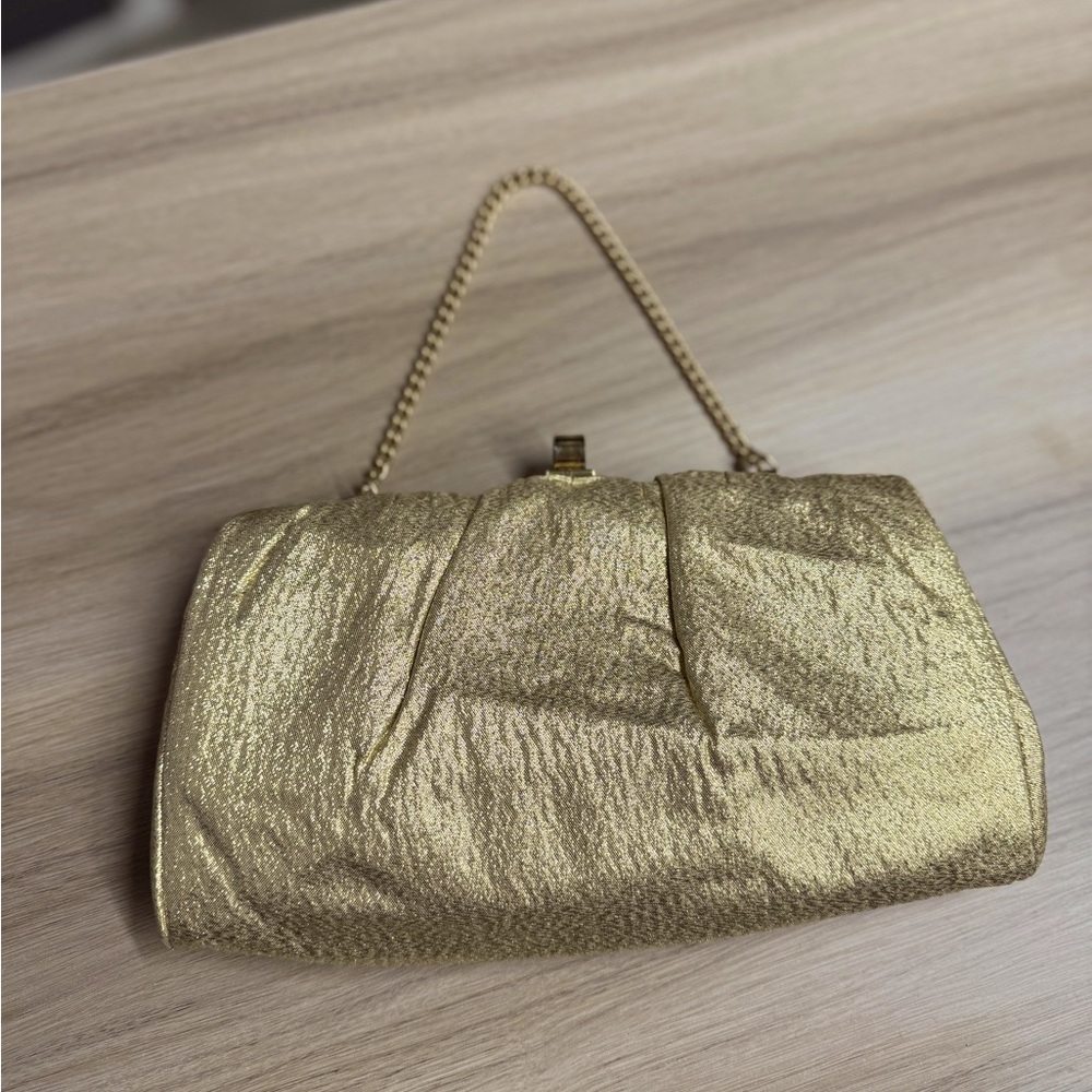 Vintage Gold Lame Evening Handbag Purse Kiss Clasp Clutch